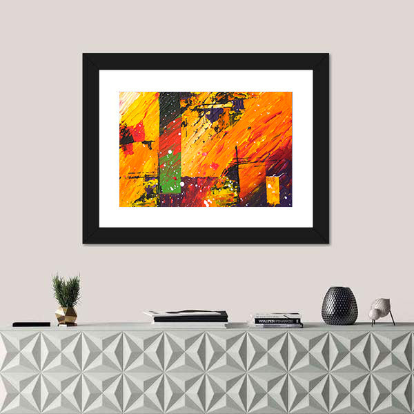 Energetic Orange Abstract with Green Block Canvas Wall Art