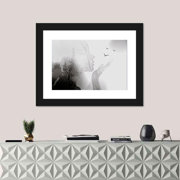 Woman Silhouette with Forest and Birds Canvas Wall Art