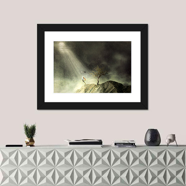 Person with Umbrella on Rainy Cliff Canvas Wall Art