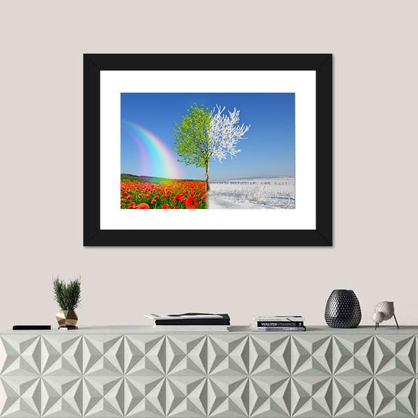 Split-season Tree with Poppies and Snow Canvas Wall Art