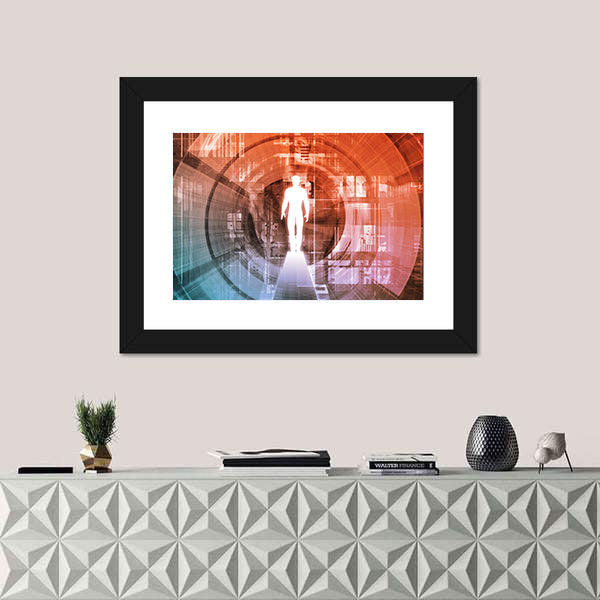 Technology Gateway with Glowing White Figure Canvas Wall Art