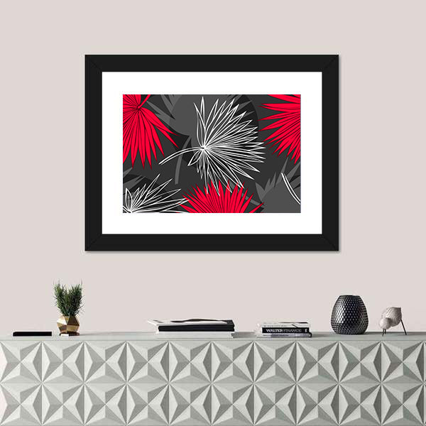 Red and Gray Palm Leaf Pattern Canvas Wall Art