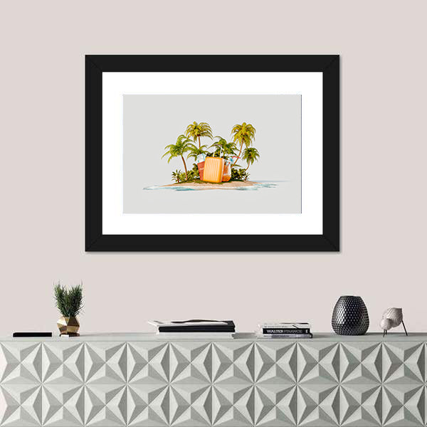Tropical Island with Bright Orange Suitcase Canvas Wall Art