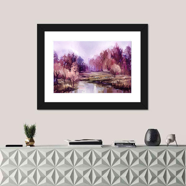 Autumn Forest Lake in Lavender Hues Canvas Wall Art