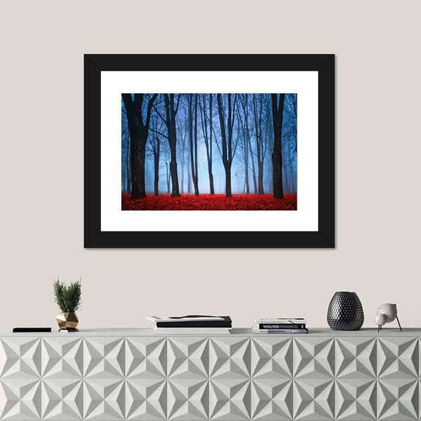 Foggy Autumn Forest with Red Leaves Canvas Wall Art