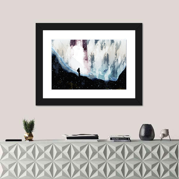 Lone Hiker Beneath Starlit Rift Canvas Wall Art