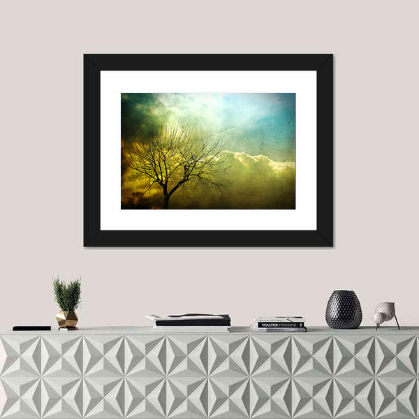 Grunge Leafless Tree with Backlit Clouds Canvas Wall Art