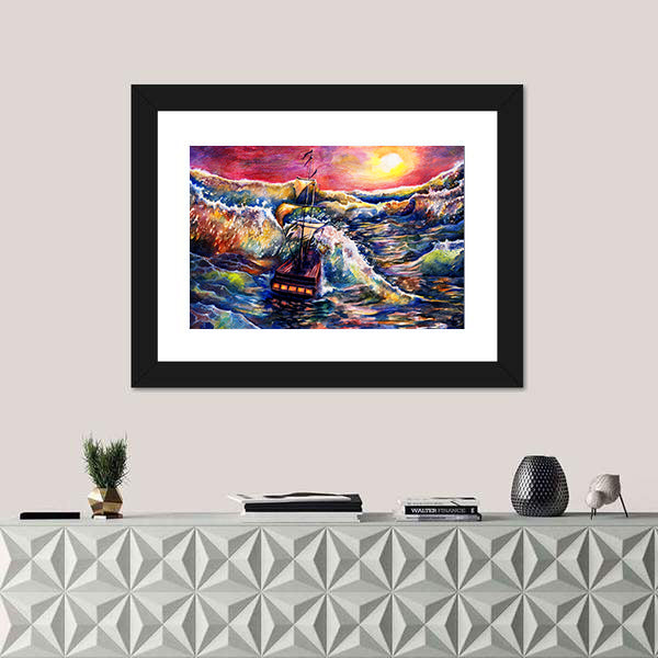 Sunset Sailing Ship in Stormy Sea Canvas Wall Art
