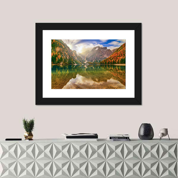 Autumn Reflection at Braies Lake Canvas Wall Art