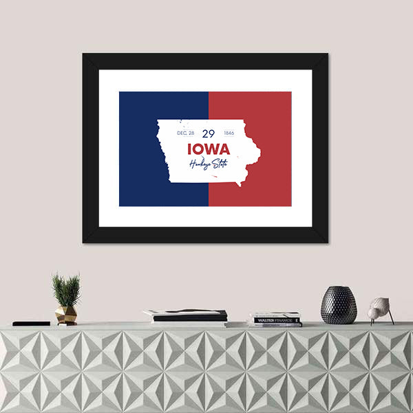 Iowa State Map with Hawkeye Script Canvas Wall Art