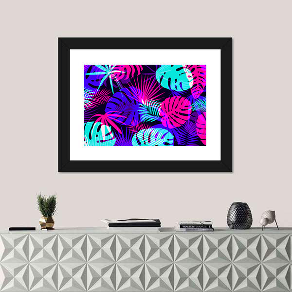 Neon Tropical Leaves Pattern Canvas Wall Art