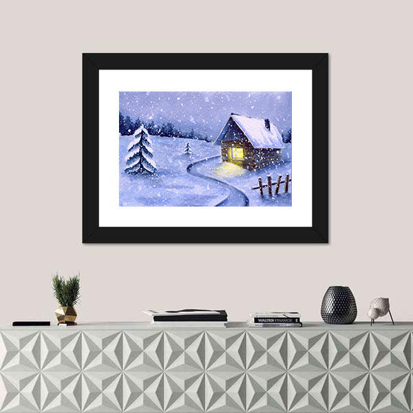 Snowy Cabin with Winding Path Canvas Wall Art