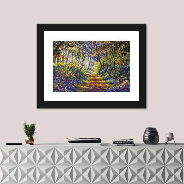 Sunlit Forest Path with Wildflowers Canvas Wall Art