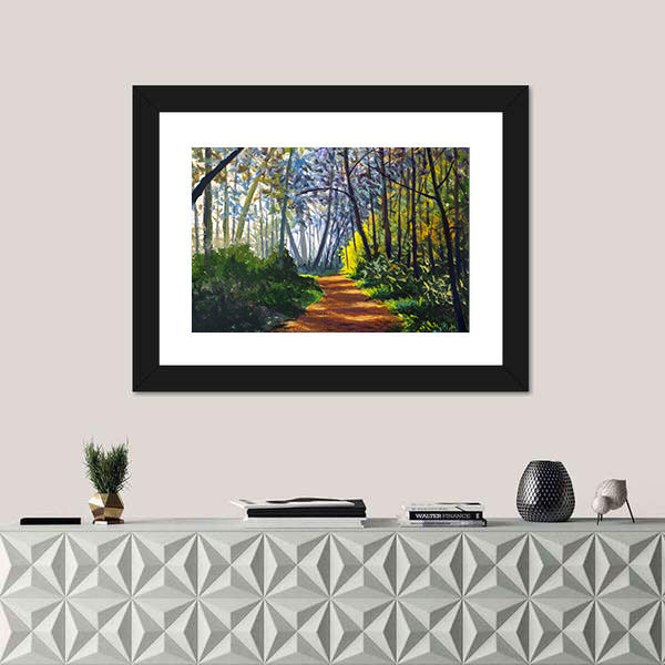 Sunlit Forest Path in Park Canvas Wall Art
