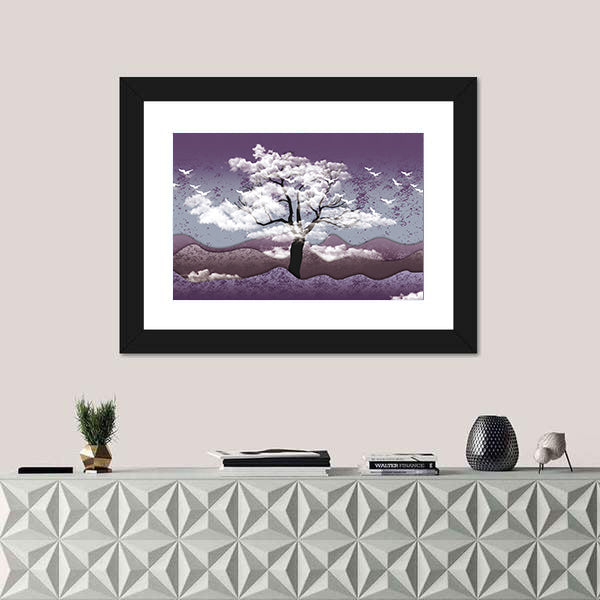 Cloud-leaf Tree Over Misty Lavender Hills Canvas Wall Art