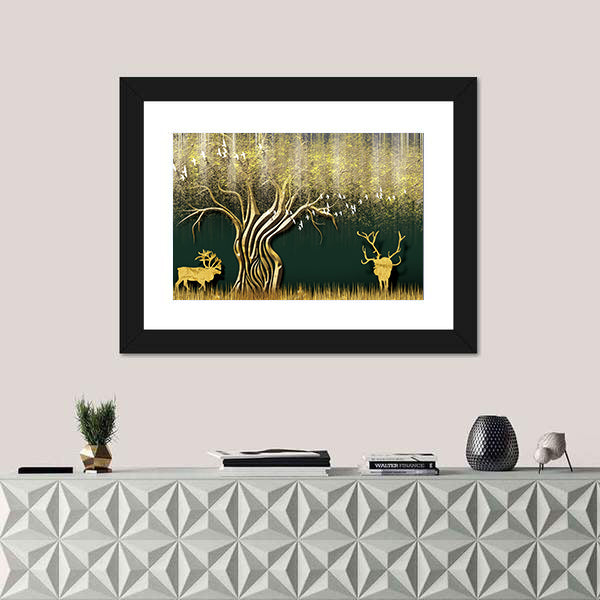 Abstract Golden Tree and Deer Silhouettes Canvas Wall Art