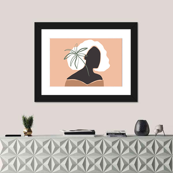 Pastel Terracotta Female Silhouette with Palm Leaf Canvas Wall Art