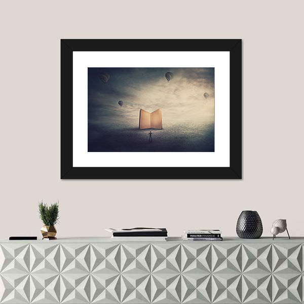 Monolithic Glowing Book Over Parched Desert Canvas Wall Art