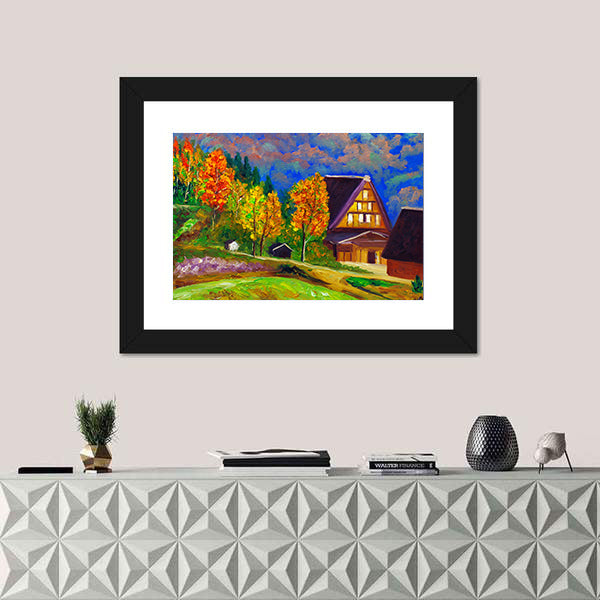 Autumn Gassho-zukuri Village with Glowing Windows Canvas Wall Art