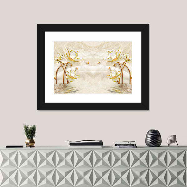 Gold-edged Lotus and Butterflies Illustration Canvas Wall Art