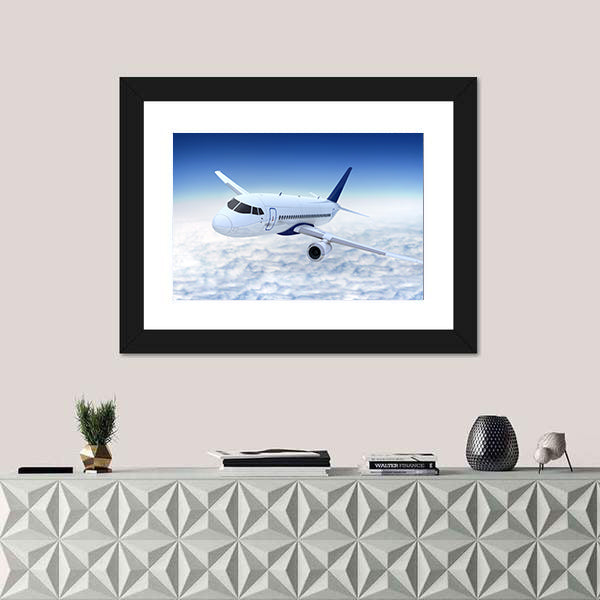 White Jet Banking Above Cumulus Clouds Canvas Wall Art