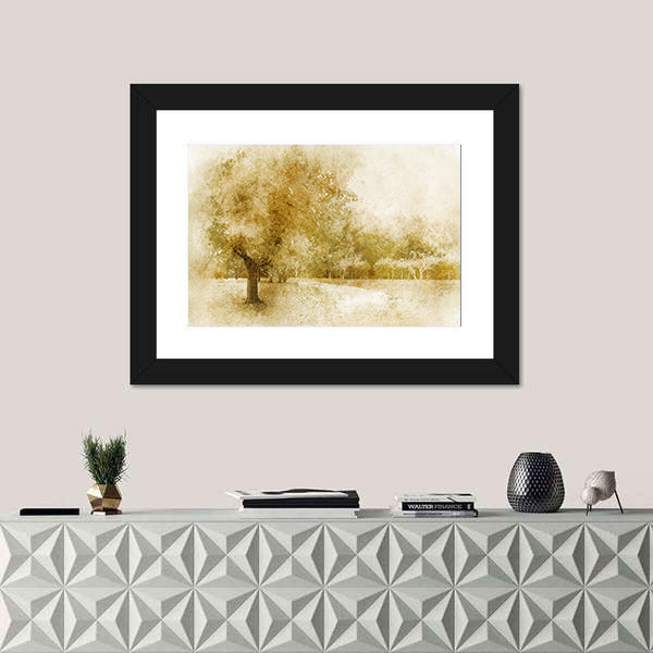 Sepia Autumn Park with Lone Tree Canvas Wall Art