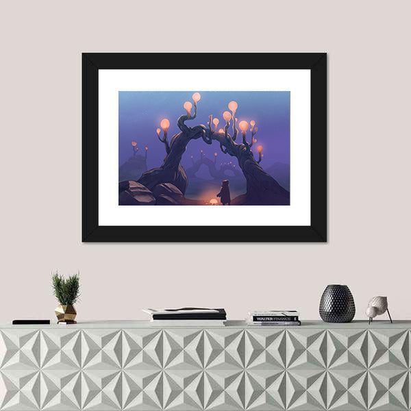 Surreal Jungle with Cloaked Figure Canvas Wall Art