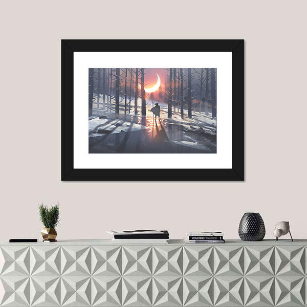 Cloaked Figure in Winter Forest Canvas Wall Art