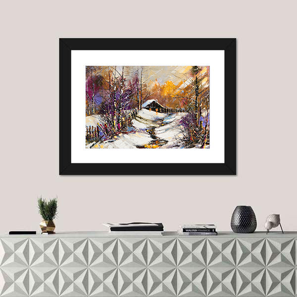 Rural Winter Landscape with Cabin Canvas Wall Art
