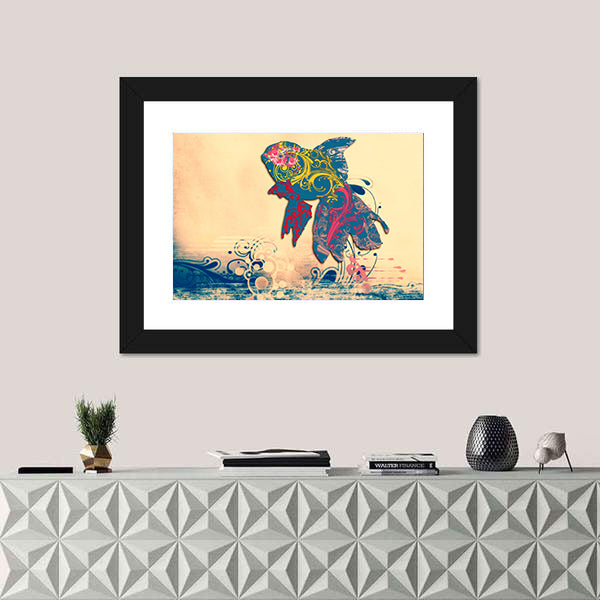 Grunge Goldfish with Ornate Floral Patterns Canvas Wall Art