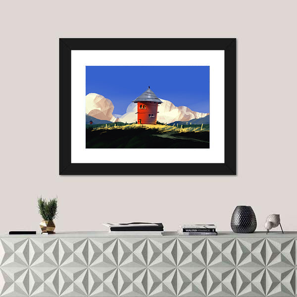 Red Tower on Grassy Hill Canvas Wall Art