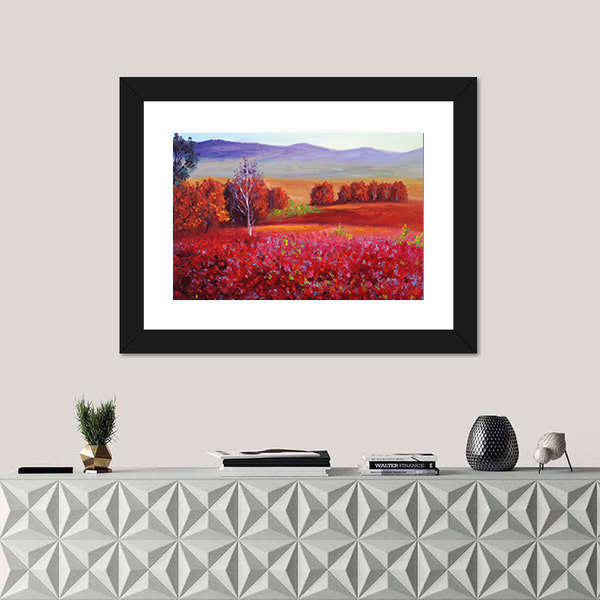 Red Flower Field with White Birch Canvas Wall Art