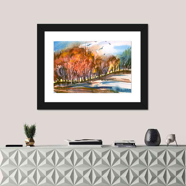 Autumn Lakeside Tree Line Canvas Wall Art