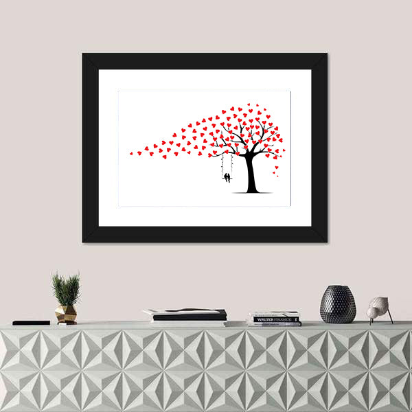 Tree with Heart Leaves and Couple on Swing Canvas Wall Art