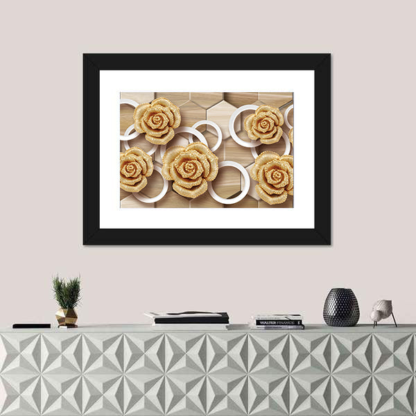 Golden Roses with Floating Rings and Hexagons Canvas Wall Art