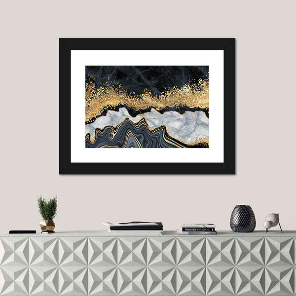 Gold-accented Black and White Marble Abstract Canvas Wall Art