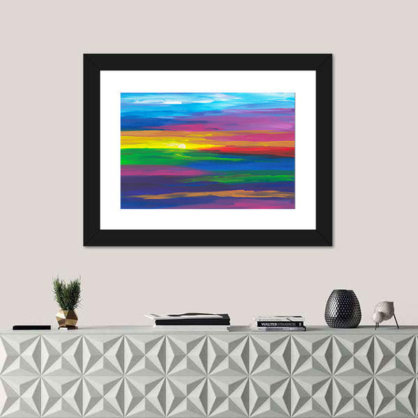 Abstract Sunset Landscape with Impasto Sun Canvas Wall Art