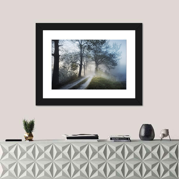 Foggy Forest Path at Sunrise Canvas Wall Art