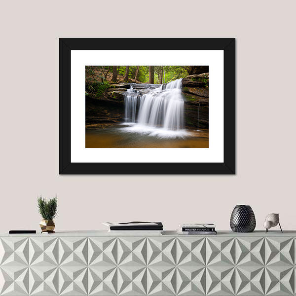 Cascading Forest Waterfall Over Layered Rocks Canvas Wall Art
