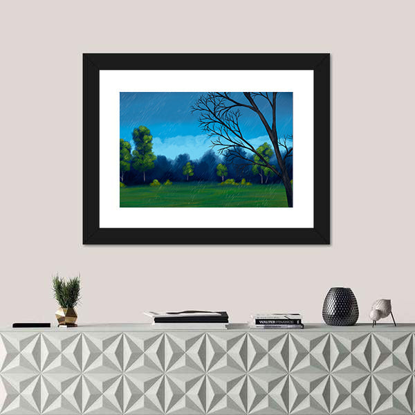 Rainy Green Field with Bare-branched Tree Canvas Wall Art