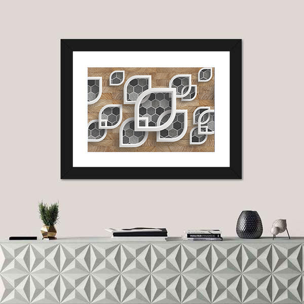 Layered Geometric Leaves with Wood Grain Canvas Wall Art