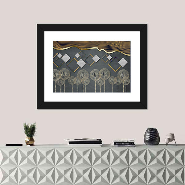 Geometric Trees with Gold Wave and Marble Diamonds Canvas Wall Art