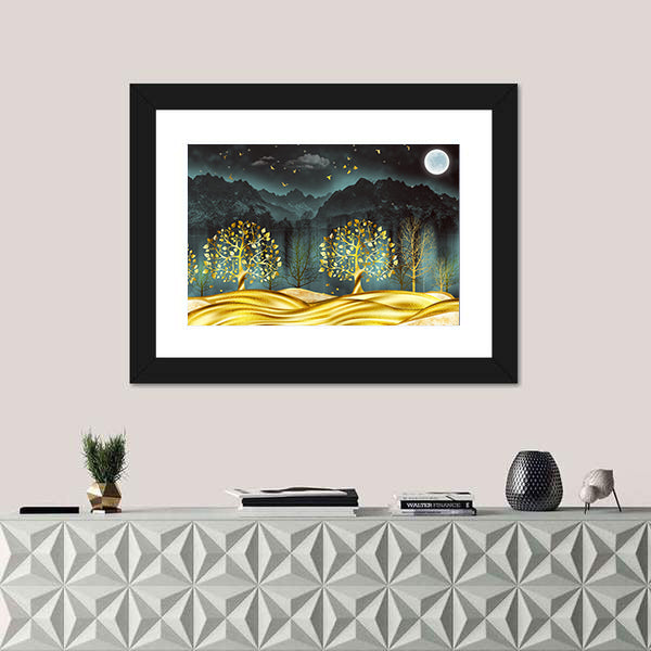 Moonlit Golden Trees Abstract Landscape Canvas Wall Art