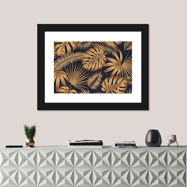 Golden Monstera and Palm Leaves Canvas Wall Art