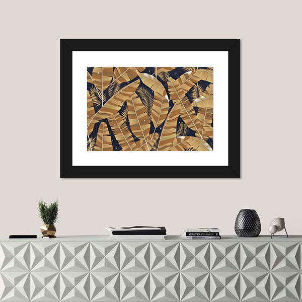 Banana Leaves Pattern in Navy and Gold Canvas Wall Art