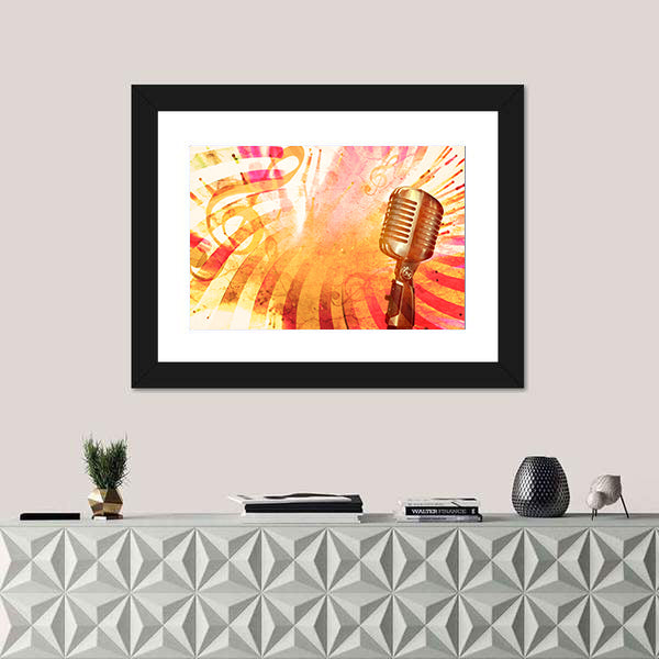 Retro Microphone with Musical Notes Canvas Wall Art