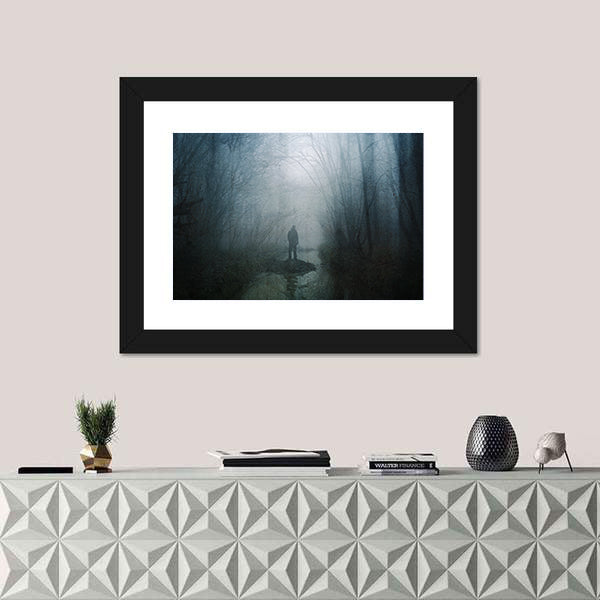 Silhouette at Stream in Misty Forest Canvas Wall Art