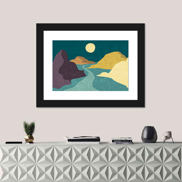 Teal and Purple Moonlit Mountain Abstract Canvas Wall Art