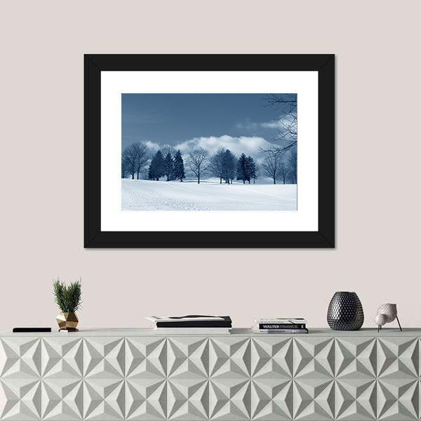 Snowy Field with Evergreens and Tracks Canvas Wall Art