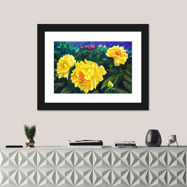 Blooming Yellow Peonies with Textured Blue Background Canvas Wall Art